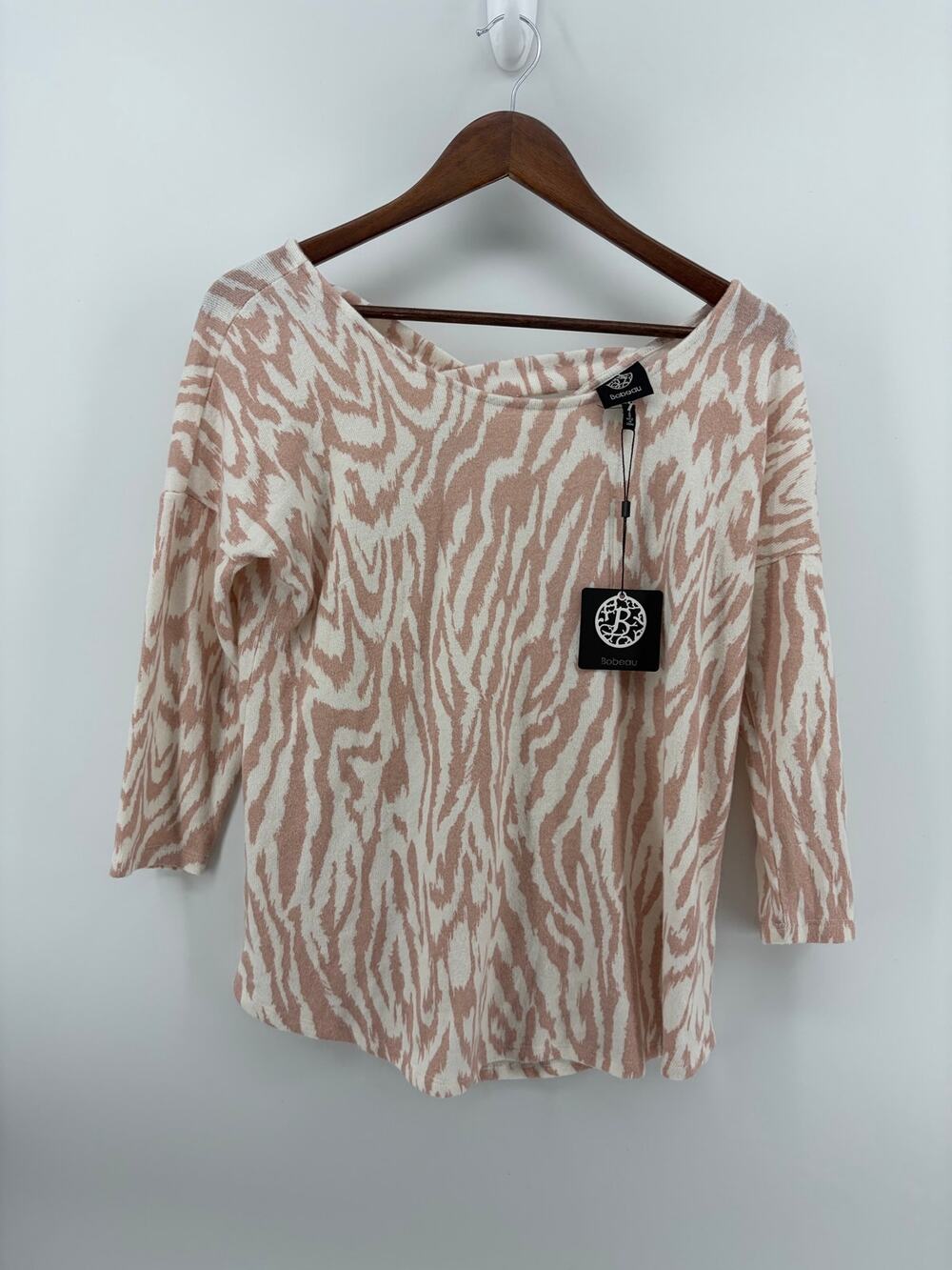NWT Bobeau Womens Small Pink Zebra Soft Sweater Criss Cross Back